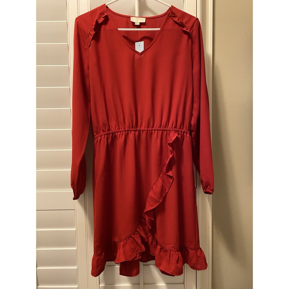 Loft Outlet Dress Ruffle-Hem Dress Deep Red Size Medium Petite‎ Holiday Dress